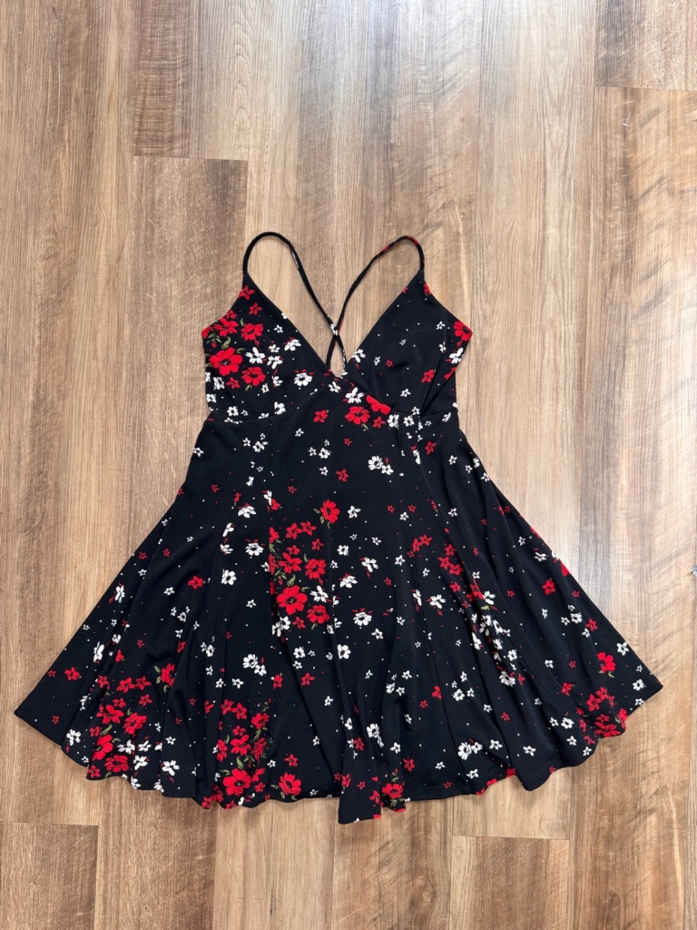 Forever 21 Black Spring Floral Black Dress with Red & White Flowers, Medium